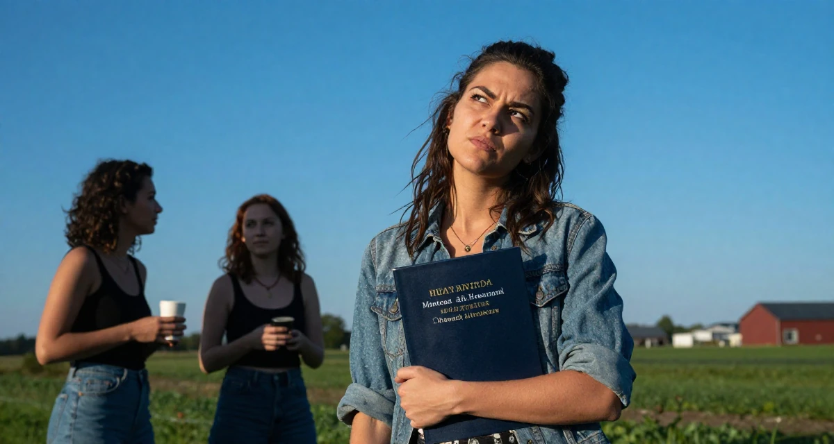 A ferocious Female From Montreal Canada, holds a degree in French literature in their 20, feeling invincible on a night out with friends, wearing a modern grunge aesthetic, rolling up sleeves in a farm field.
