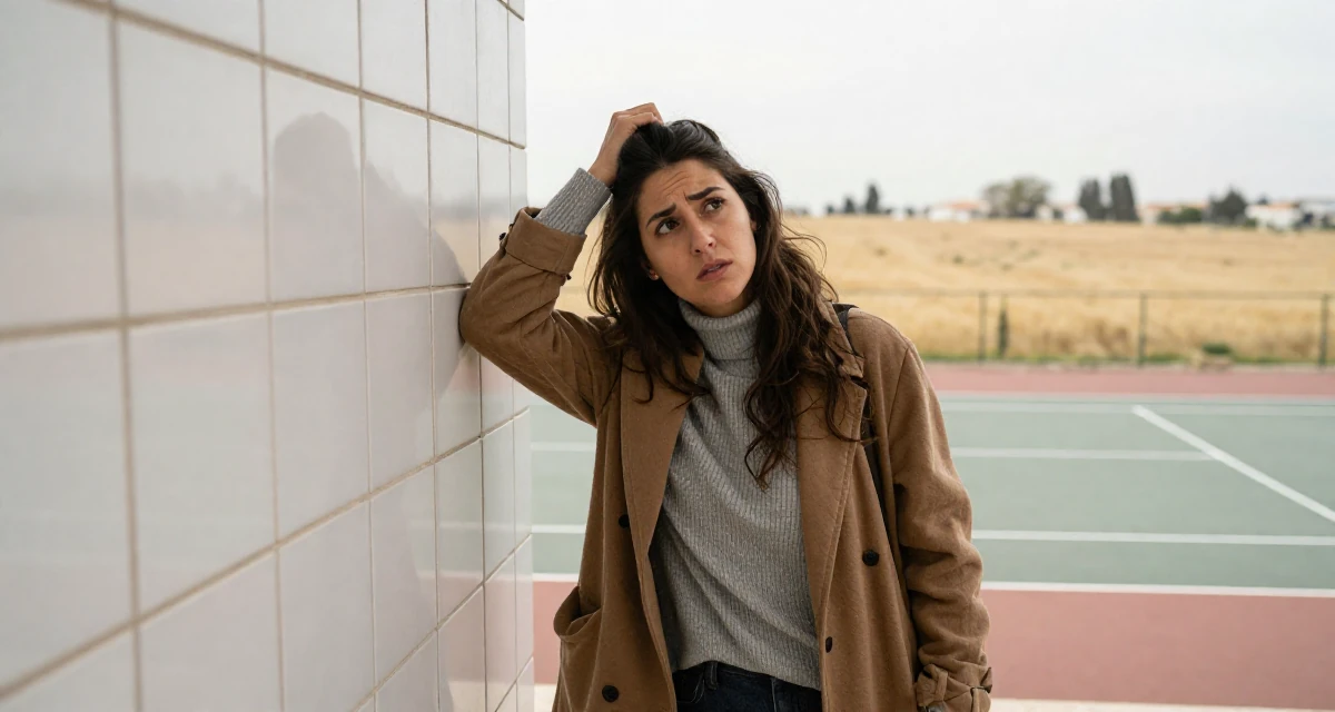 A longing Female From Tunisia, majored in data science in their 44, minimalist living with a focus on quality, wearing a warm winter layered look, scratching the head in confusion in a tennis court.