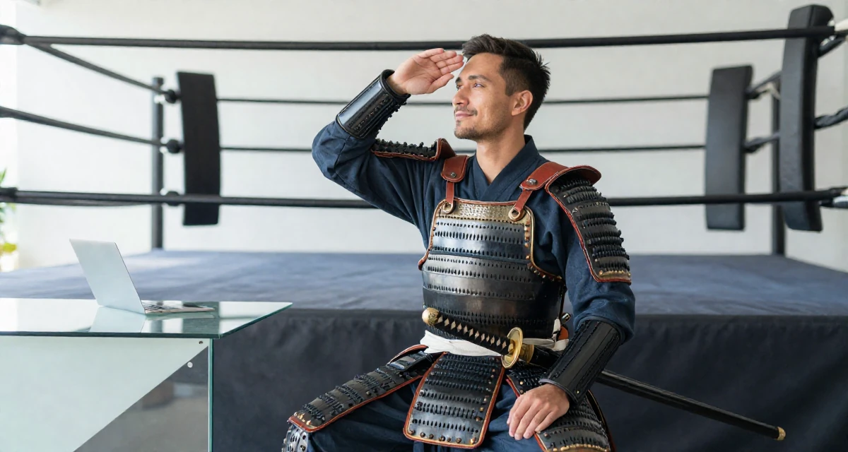 A serene and peaceful male From Australia, majored in e-commerce in their 45, sharing wisdom on navigating office politics, wearing a samurai armor set with a katana at the waist, shading eyes from the sun in a boxing ring.