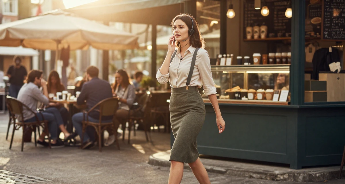 A captivating Female Former call-center worker, now crafting confidence-centric creator content in their 22, navigating the confusing world of office politics, wearing a high-waisted skirt with suspenders and a shirt, crossing legs in a coffee shop corner.