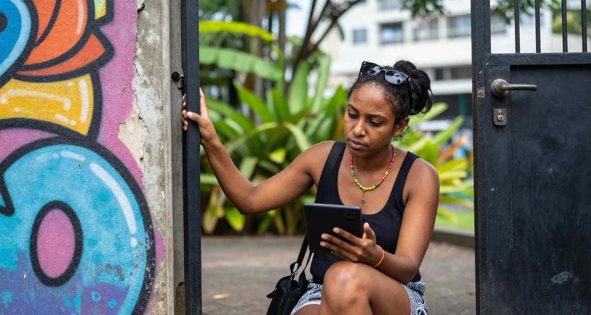 A inspired Female From Mauritius, studied digital marketing in their 25, calculating every purchase because income is unstable, wearing a pop of color accessory look, pulling a door open in a botanical garden.