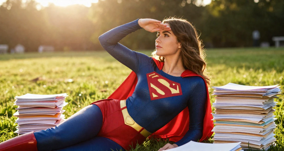 A wistful Female From USA, majored in communications at a state university in their 22, feeling powerful when fans appreciate confident vibes, wearing a superheroine spandex suit with a cape, shading eyes from the sun in a grassy field.