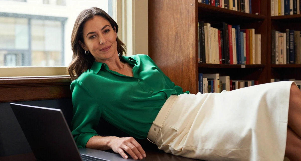 A gentle and kind Female From New Zealand, based in Auckland, graduated from an arts college majoring in emotional performance art in their 40, starting a second business venture, wearing a emerald green silk blouse and a cream skirt, typing on a laptop in a vintage bookstore.