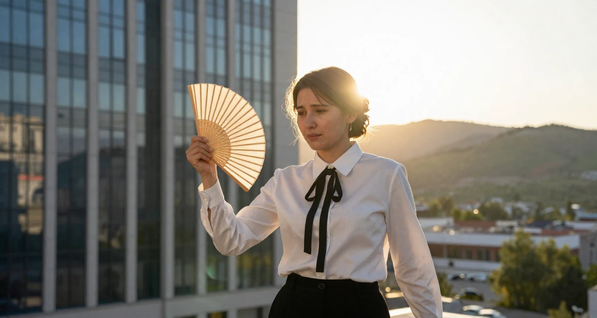 A emotional Female From Kazakhstan, studied financial mathematics in their 38, investing in real estate and passive income, wearing a white shirt with a black ribbon tie, fanning self with a hand in a high-rise office building.