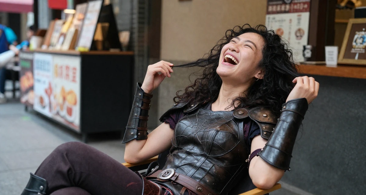 A zoned out Female From Guangzhou China, studied international business in their 21, laughing openly with head thrown back, wearing a dark elf leather armor with spiderweb motifs, fixing a loose strand of hair in a coffee shop corner.