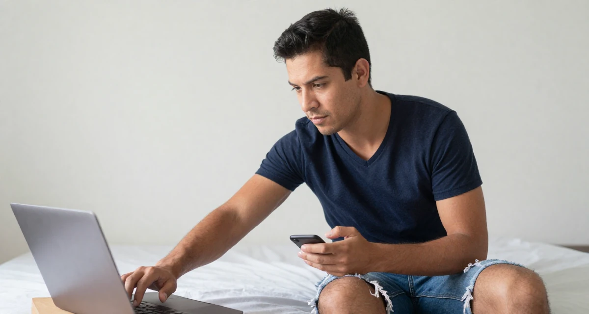 A proud and dignified male From Mexico, studied graphic design and illustration in their 22, learning how to communicate professionally, wearing a deep v-neck t-shirt and distressed denim shorts, typing a message in a minimalist bedroom.