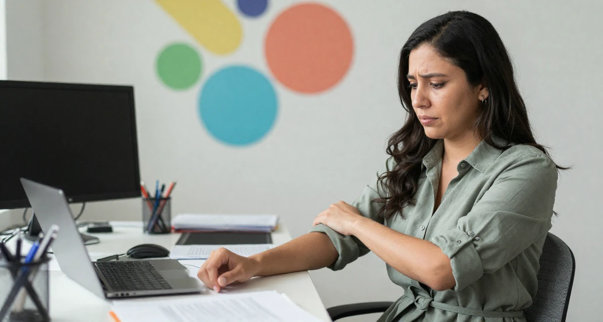 A sorrowful Female From Mexico, majored in global trade in their 25, recognizing the value of mentorship and guidance, wearing a belted shirt dress with rolled sleeves, adjusting sleeves in a messy desk.