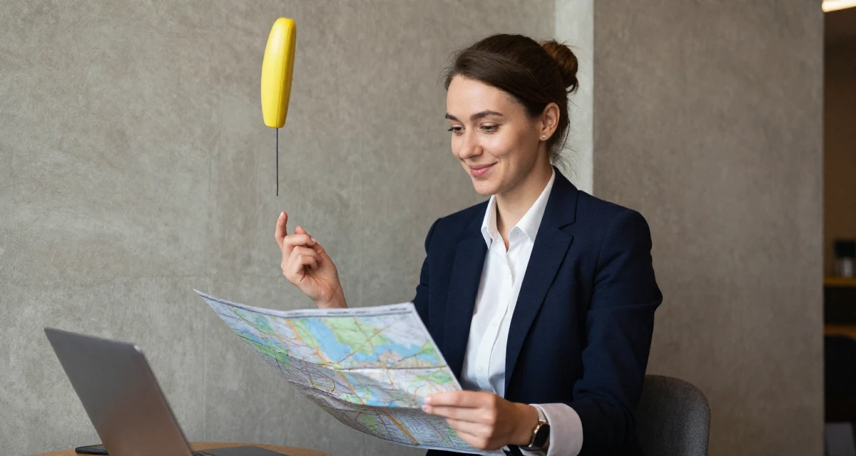 A sweet Female From Russia, majored in chemical engineering in their 26, juggling real-life chaos with online expectations, wearing a sharp business casual attire, looking at a map in a hotel lobby.