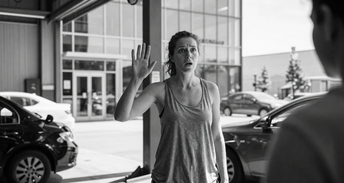 A stunned Female From Canada, has a diploma in graphic design in their 49, celebrating the beauty of imperfection, wearing a loose tank top with deep side cuts, waving to someone in a mechanic garage.