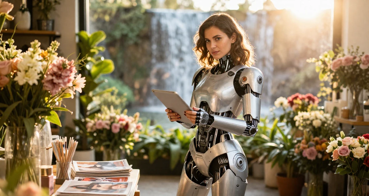 A warm Female Once a logistics temp worker, now enjoying flexible creator life in their 20, unsure of their major but faking confidence, wearing a futuristic android body armor with exposed mechanical parts, holding a tablet device in a flower shop.