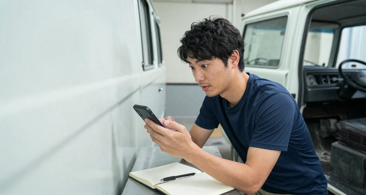 A curious male From Japan, majored in mechanical engineering in their 35, renovating a vintage van for travel, wearing a fitted athletic wear, checking a phone in a science lab.