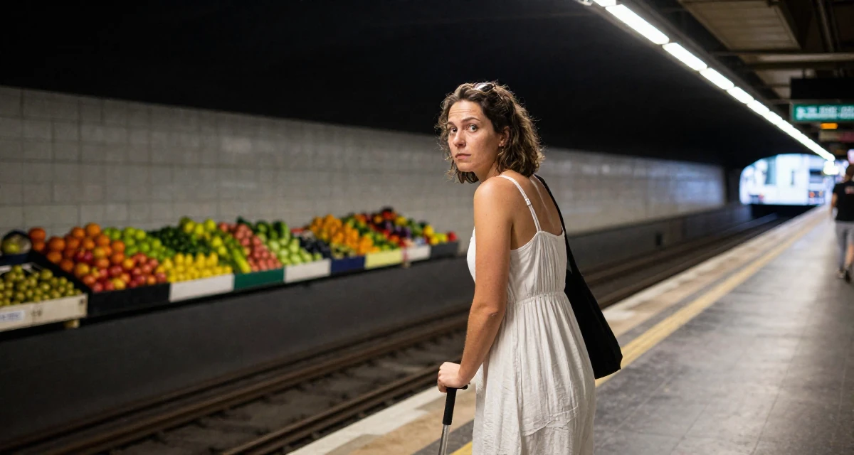 A fearless Female From Belgium, studied film production in their 25, developing discipline through daily habits, wearing a airy cotton dress for summer, glancing over the shoulder in a subway platform.