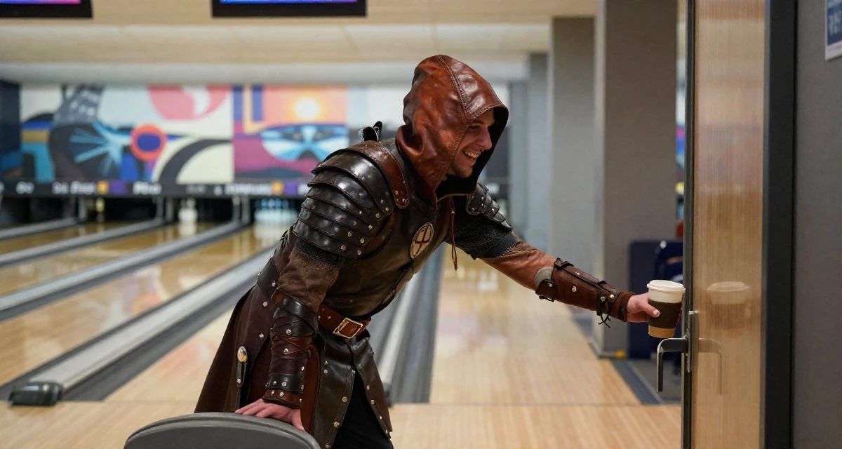 A charismatic male From Norway, studied user experience design in their 23, analyzing which posts convert best, wearing a fantasy rogue leather armor with a hood, pulling a door open in a bowling alley.
