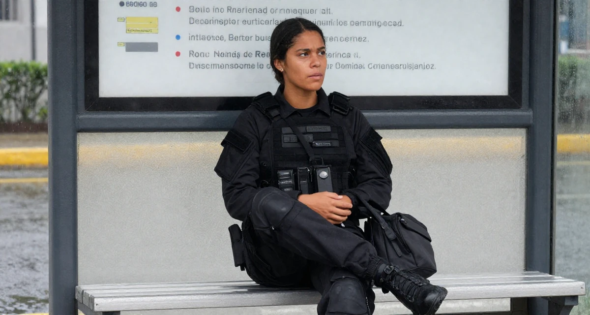 A fearless Female Born in the Dominican Republic, studied tourism marketing in their 25, setting long-term goals for subscriptions and renewals, wearing a special forces tactical suit in matte black, holding a purse tightly in a bus stop in the rain.