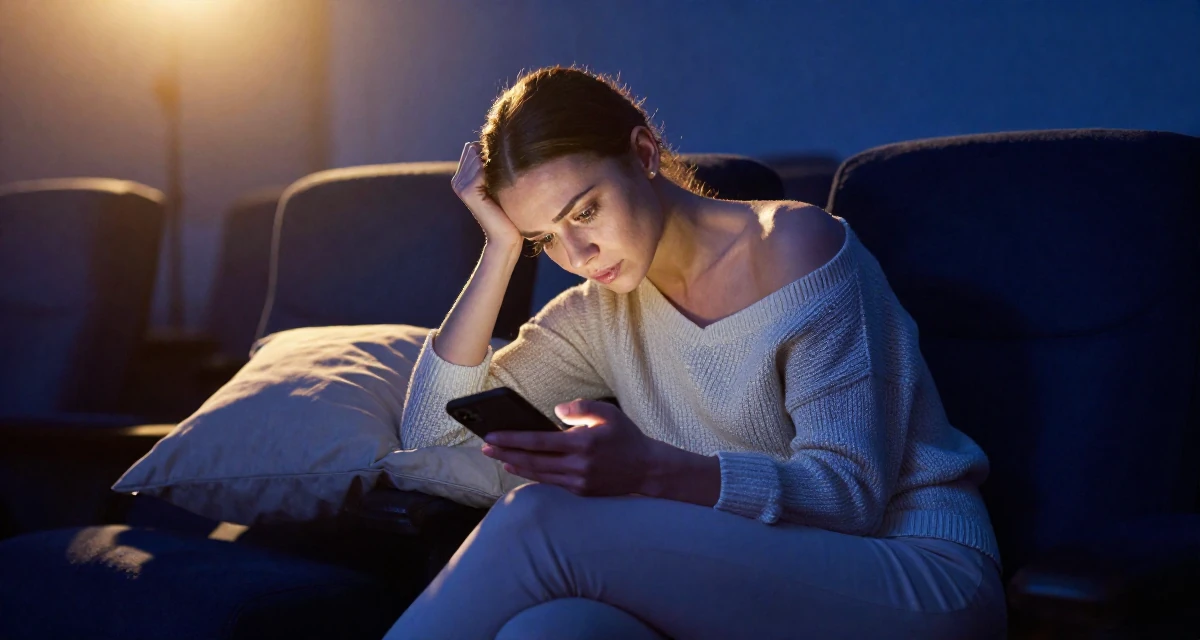 A emotional Female From Russia, trained as a classical ballerina in their 24, managing emotional highs and lows of early adulthood, wearing a off-the-shoulder knit top and fitted trousers, unlocking a phone screen in a cinema lobby.