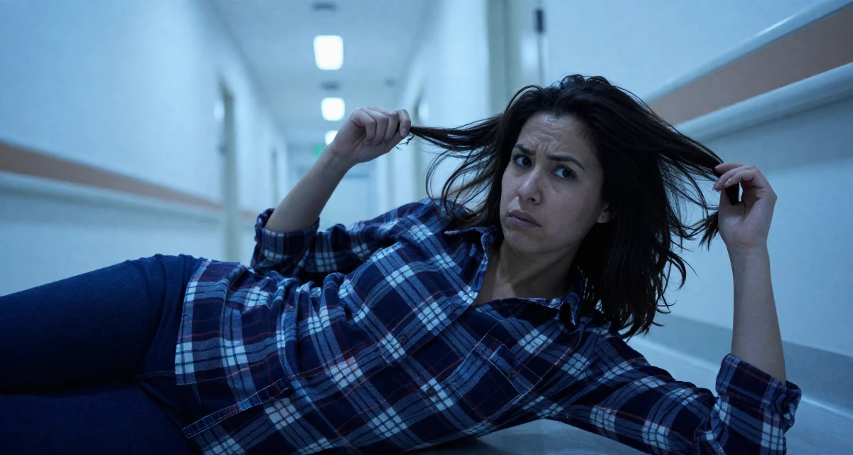 A intense Female Former accountant in her 30s, now creating fitness-driven fan content in their 20, unsure of their major but faking confidence, wearing a casual plaid button-down, twirling a lock of hair in a hospital corridor.