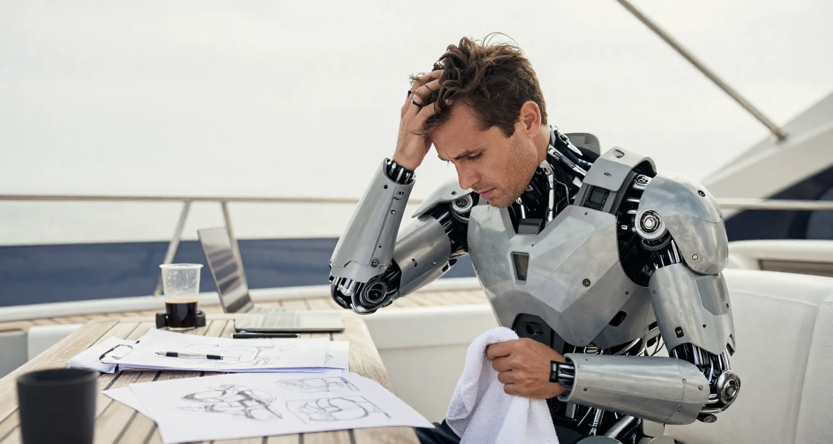 A determined male From USA, studied marketing and consumer behavior in their 24, hiding stress behind carefully curated posts, wearing a futuristic android body armor with exposed mechanical parts, holding a gym towel in a yacht deck.