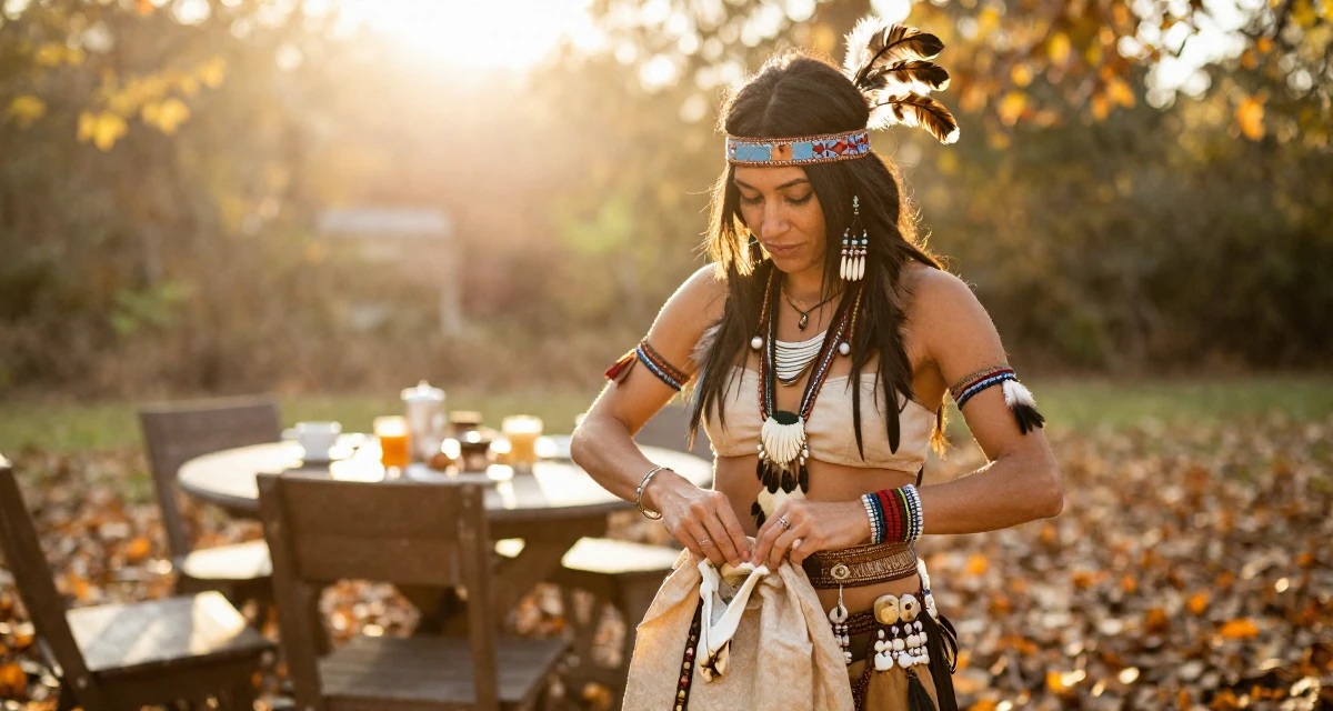 A innocent Female Former flight attendant, now offering global-inspired aesthetic content in their 38, focused on longevity and holistic wellness, wearing a tribal shaman outfit with feathers and bones, closing a bag in a breakfast nook.