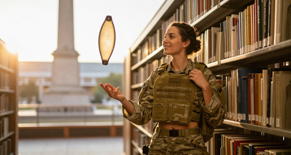 A warm Female From USA, has a background in real estate in their 25, juggling early career and side gigs, wearing a tactical military gear with a cropped vest and cargo pants, adjusting a backpack strap in a library aisle.