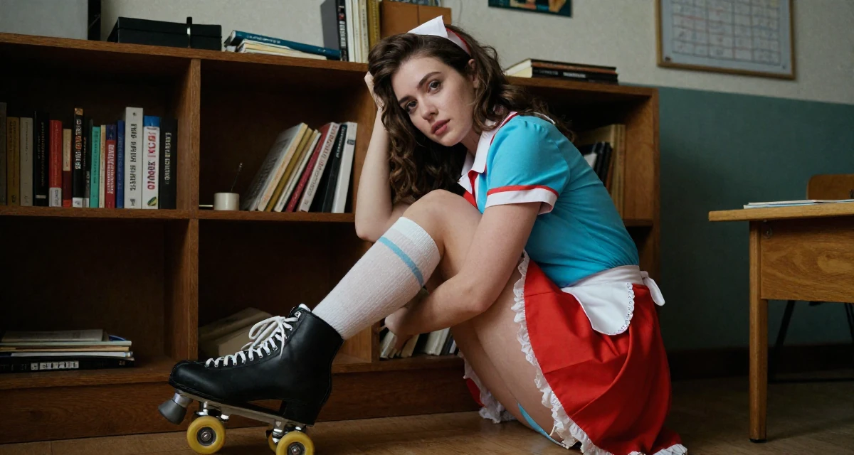 A longing Female Once a recruitment assistant, now creating relatable work-life content in their 25, trying to build an aesthetic that feels authentic, wearing a retro 50s diner waitress uniform with roller skates, pushing hair from face in a classroom setting.