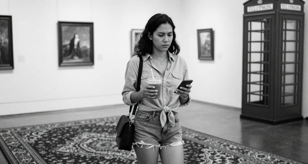 A unimpressed Female From Philippines, studied nursing before switching careers in their 22, clutching an iced coffee as a survival tool, wearing a button-down shirt tied at the waist and denim cutoffs, scrolling casually in a art gallery hall.