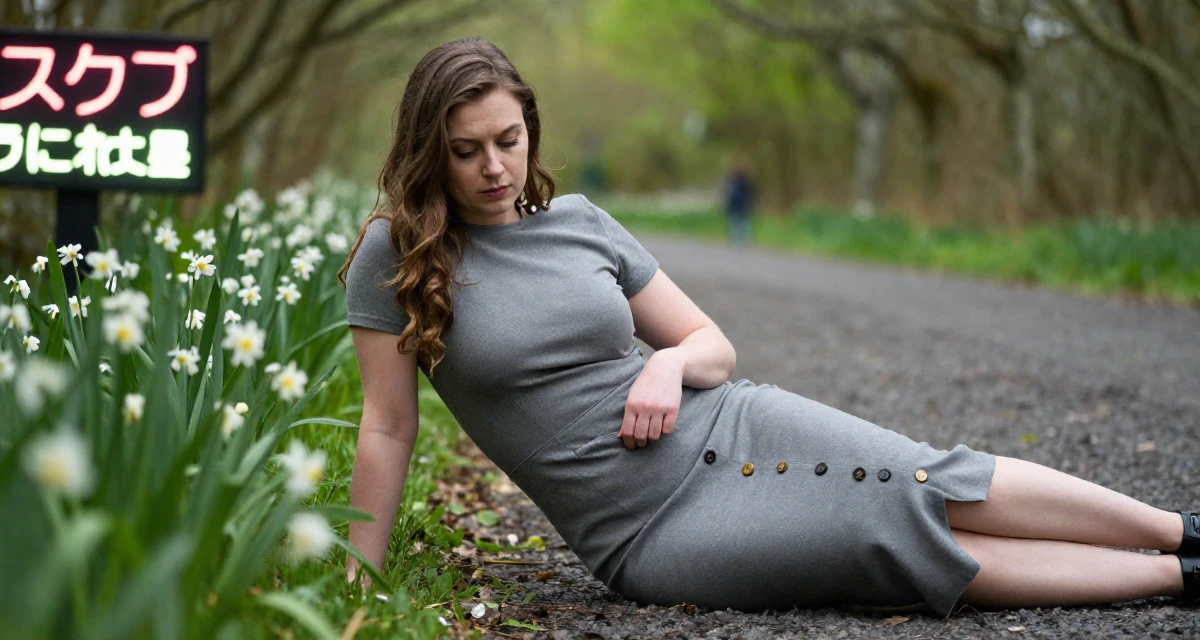 A stoic and strong Female From Ireland, based in Cork, graduated from a regional college majoring in digital content creation in their 23, dealing with fluctuating subscriber numbers, wearing a fitted midi skirt with buttons down the front, looking for something in a pocket in a forest path.