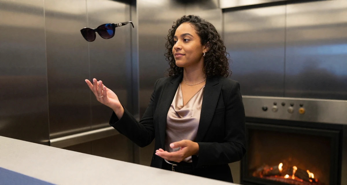 A tranquil Female From South Africa, majored in development studies in their 23, juggling low-paying jobs while squeezing time for content, wearing a satin cowl neck top under a business suit, putting on sunglasses in a corporate elevator.