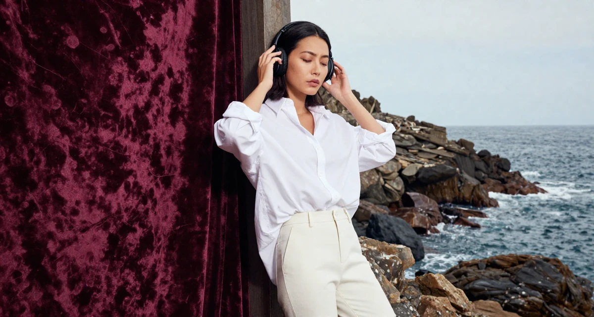 A bored Female Once a supermarket clerk, now building a slow-life creator brand in their 48, reviewing luxury travel destinations, wearing a oversized white shirt with sleeves rolled up and slim trousers, adjusting headphones in a rocky ocean cliff.
