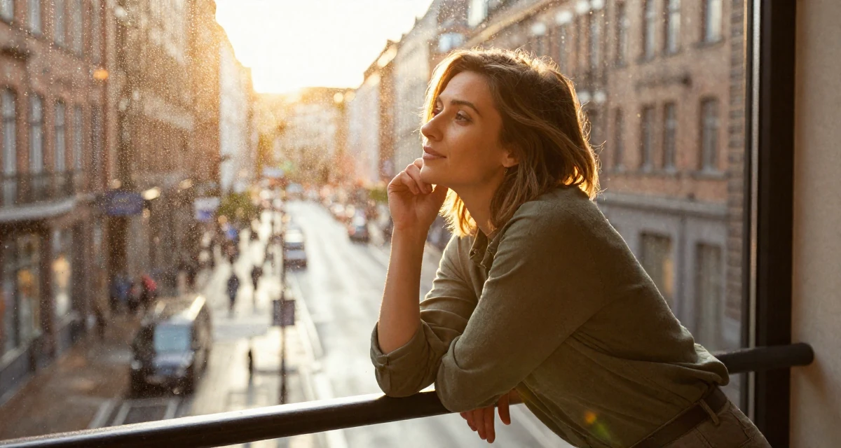 A lazy Female From Hamburg Germany, learned studio lighting from fashion workshops in their 39, creating a cozy and safe sanctuary at home, wearing a muted olive green tones, touching the chin thoughtfully in a bustling city street.