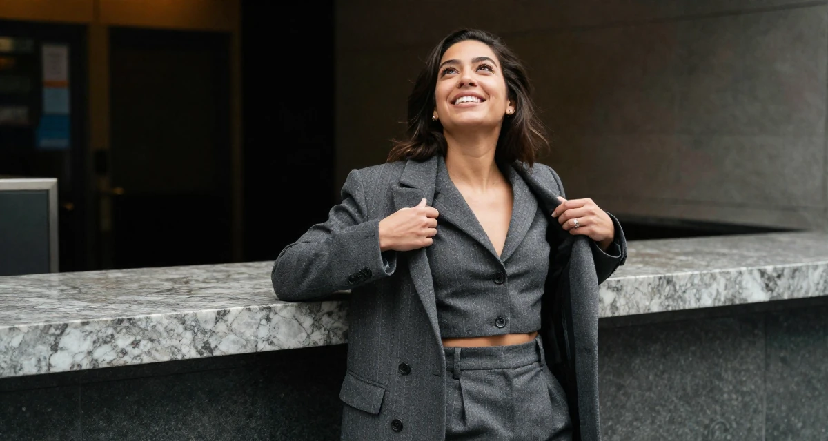 A delighted Female From the United States, based in Seattle, graduated from a community college majoring in digital marketing in their 25, embracing full creative control over a bold persona, wearing a cropped business jacket and high-waisted pants, unbuttoning a coat in a cinema entrance.