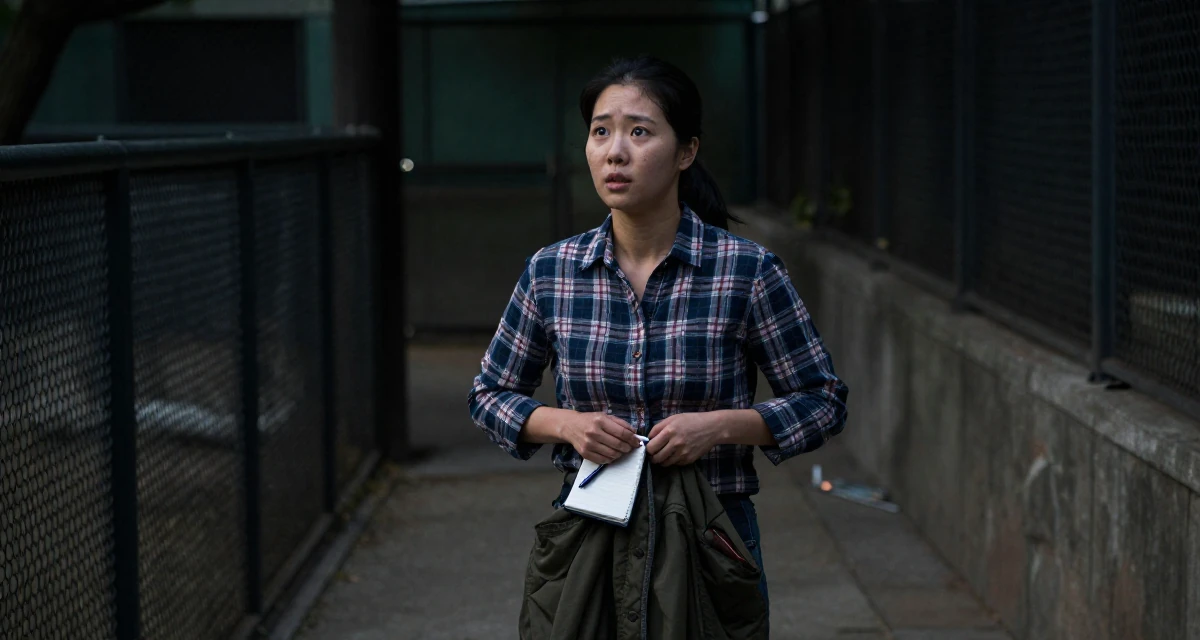 A curious and focused Female From Korea, studied film directing in their 27, dealing with the emotional cost of visibility, wearing a casual plaid button-down, buttoning a jacket in a zoo enclosure path.