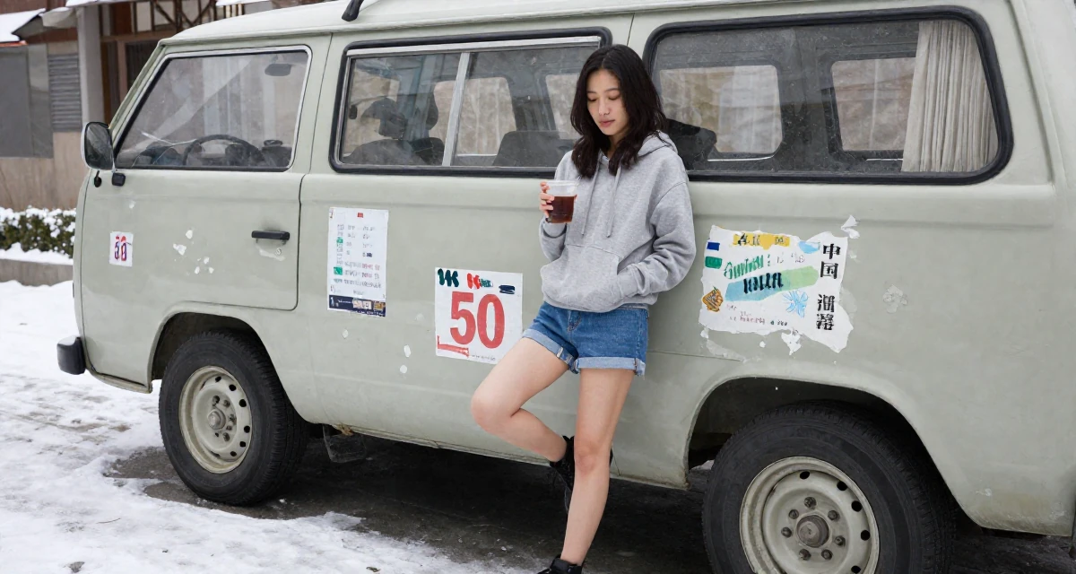 A tranquil Female From Shanghai China, majored in journalism in their 35, renovating a vintage van for travel, wearing a casual hoodie and denim shorts, holding a cold drink in a snowy sidewalk.