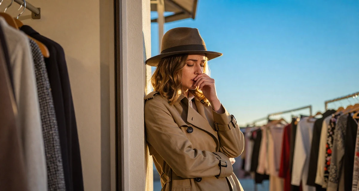 A emotional Female Former swim team athlete, now building a fitness-focused fanbase in their 24, embracing weekends of solitude and rest, wearing a detective trench coat and fedora hat, shivering slightly in a clothing boutique.