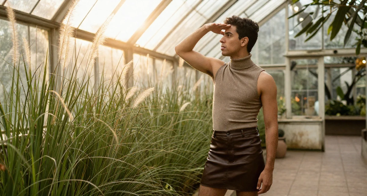 A ferocious male From Mexico City Mexico, studied graphic communication in their 25, pushing through rejection from collab requests, wearing a fitted turtleneck sleeveless top and a leather mini skirt, shading eyes from the sun in a botanical greenhouse.