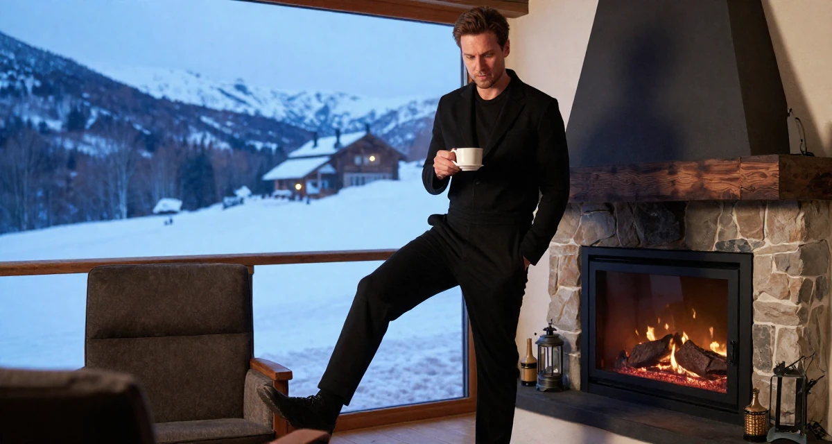 A intense and captivating male From Munich Germany, studied mechanical engineering in their 36, expert in interior design and home decor, wearing a black jumpsuit with a blazer style top, holding a cup of coffee in a ski lodge fireplace.