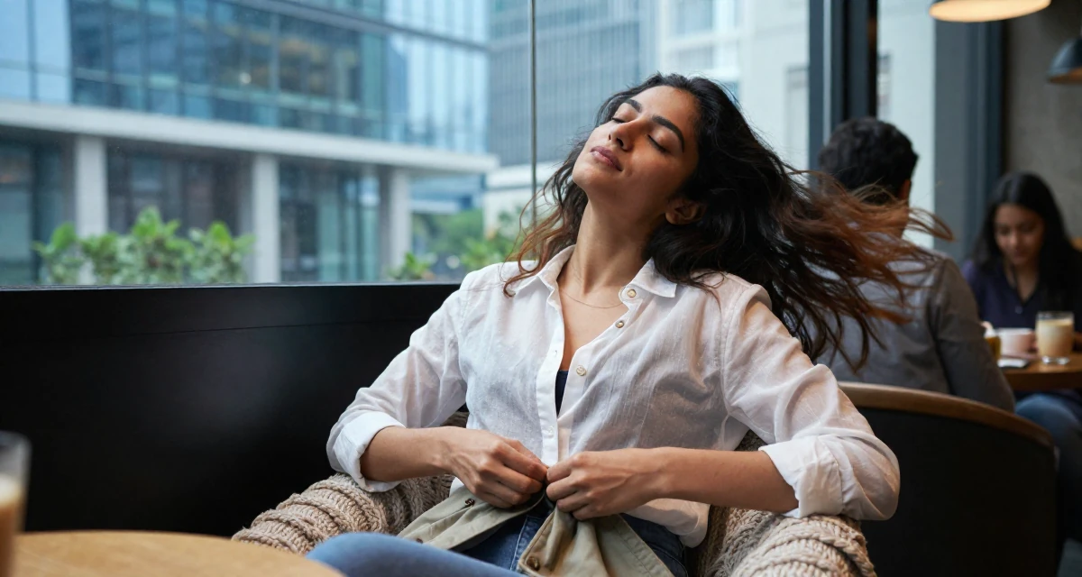 A contented Female From Bangalore India, holds a degree in software engineering in their 22, joining creator communities for tips and support, wearing a translucent white blouse and a dark bra underneath, buttoning a jacket in a coffee shop corner.