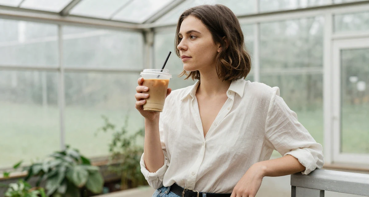 A contemplative Female From Kraków Poland, studied emotional choreography in contemporary dance in their 22, clutching an iced coffee as a survival tool, wearing a lightweight chiffon blouse slightly unbuttoned, fixing a belt buckle in a greenhouse interior.