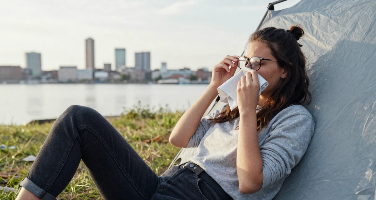 A nostalgic Female From Hamburg Germany, majored in sociology in their 23, feeling pressure to figure life out quickly, wearing a modern casual lifestyle wear, cleaning glasses with a cloth in a camping site.