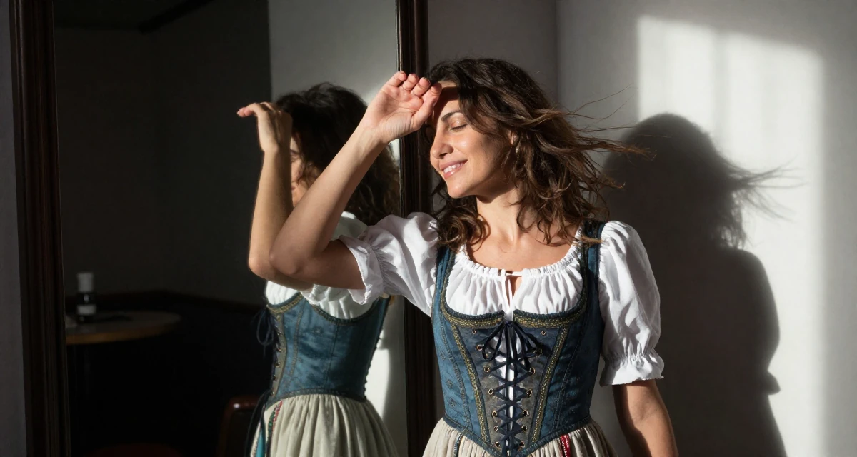 A glowing Female From Sofia Bulgaria, studied alternative creative media in their 40, embracing natural beauty and self-acceptance, wearing a peasant girl corset dress with a white blouse, shielding face from the wind in a dimly lit jazz bar.