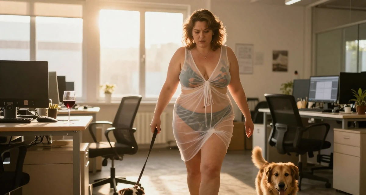 A fearless Female Former accountant in her 40s, now embracing body confidence and digital art in their 25, saving up for the first major independent purchase, wearing a semi-transparent beach cover-up dress, walking a dog (leash visible) in a office workspace.