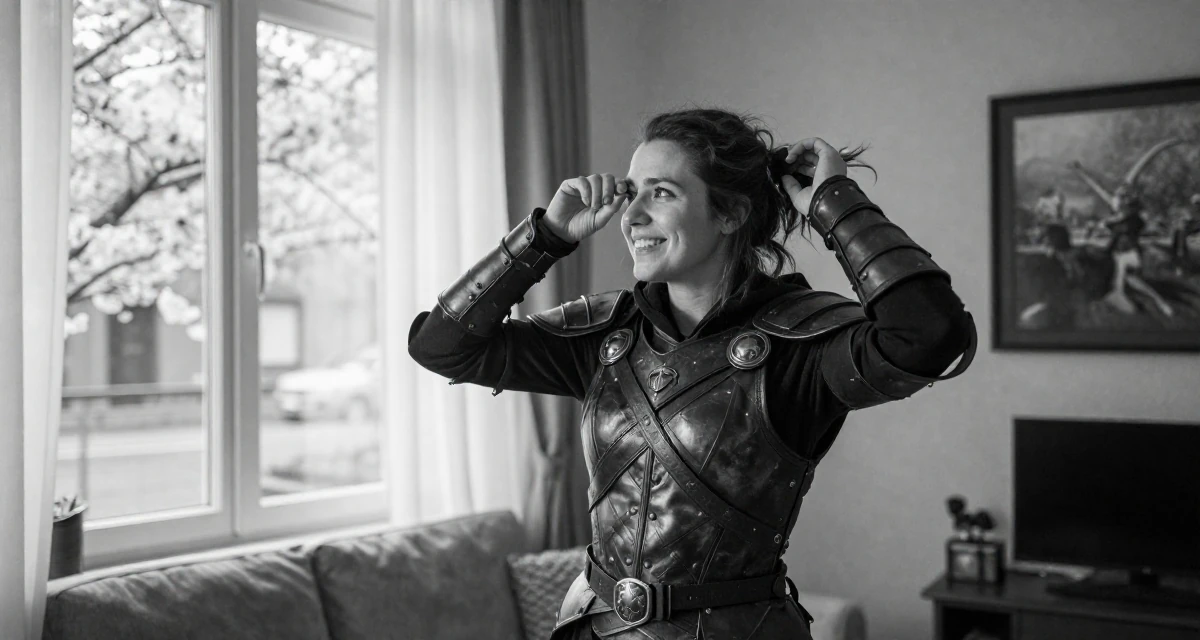 A joyful Female From Germany, based in Hamburg, graduated from a design academy majoring in interaction design in their 24, taking care of their physical health consistently, wearing a fantasy rogue leather armor with a hood, rubbing eyes in a sunlit living room.