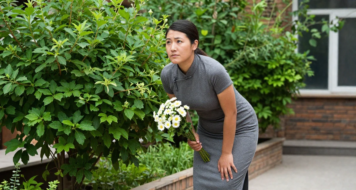 A hypnotic Female From Mongolia, majored in history and culture in their 25, learning how poses can feel powerful instead of scary, wearing a sheath dress in charcoal grey that hugs the curves, holding a bouquet in a garden patio.