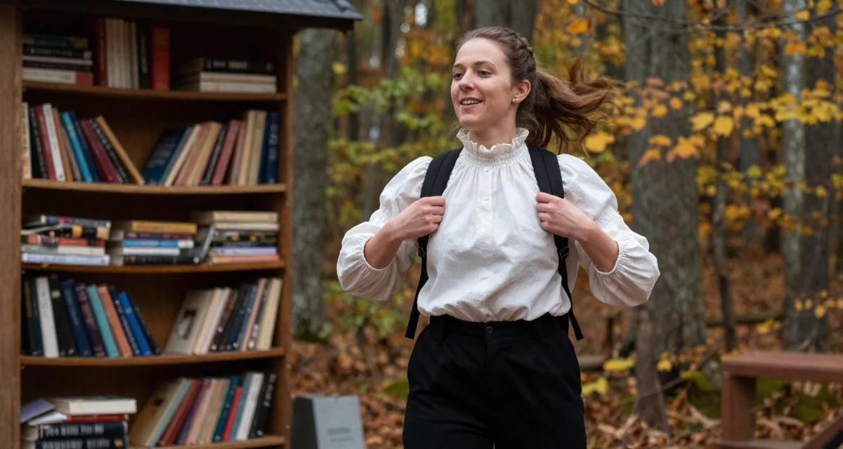 A hopeful Female From Oslo Norway, learned sensual choreography through contemporary dance in their 26, learning that trends shift faster than energy can keep up, wearing a high-neck victorian style blouse and black slacks, adjusting a backpack strap in a autumn forest.