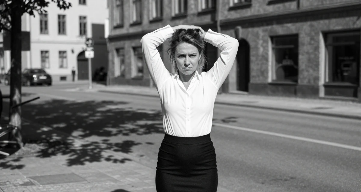 A cynical Female From Denmark, majored in furniture design in their 22, confronting competitive job markets, wearing a fitted white button-down shirt and a black pencil skirt, fixing a collar in a urban street.