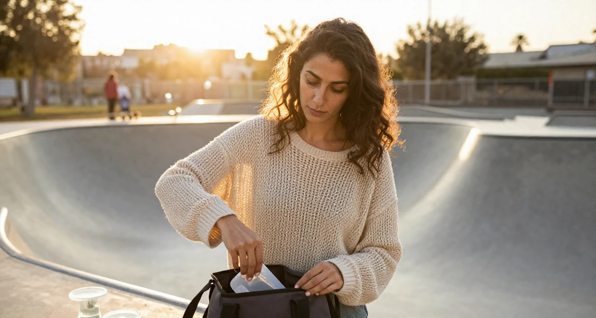 A indifferent Female From Arabic-speaking world, studied interior architecture in their 35, glowing with the wisdom of experience, wearing a loose open-knit sweater showing skin underneath, reaching into a bag in a skate park.