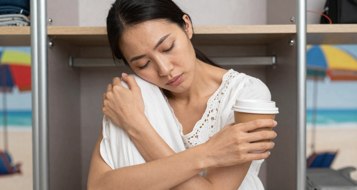 A refreshed Female From Chinese-speaking regions, studied petroleum economics in their 27, recovering from hustle culture fatigue, wearing a white cotton nightgown with lace details, holding a coffee cup with both hands in a walk-in wardrobe.