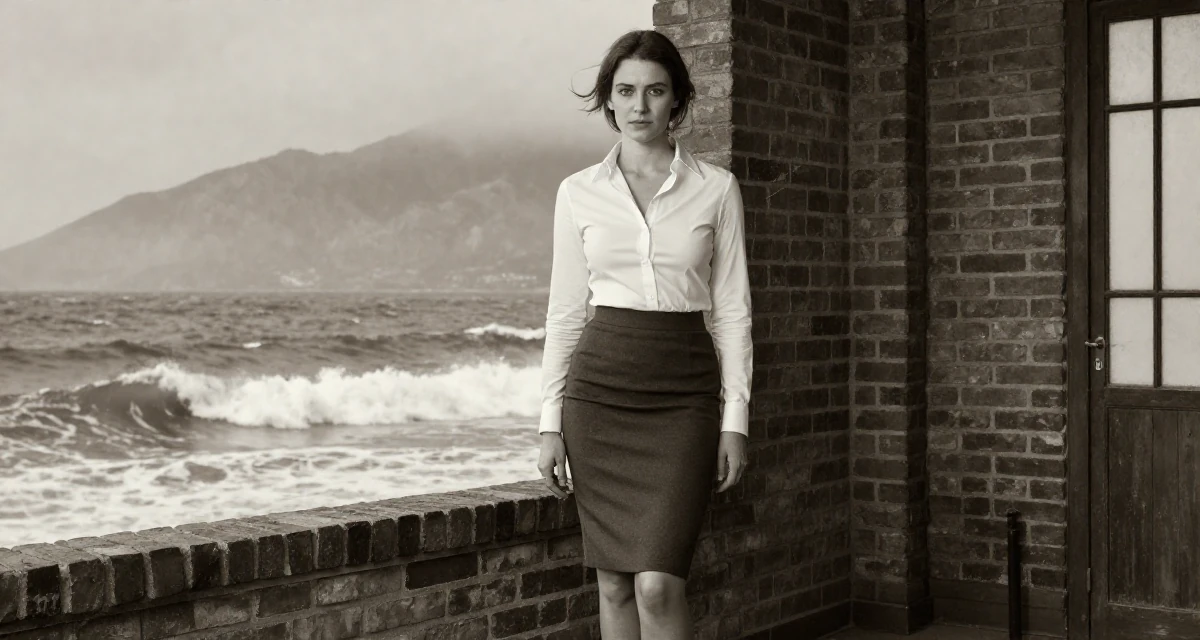 A solemn but kind Female From France, majored in cinema studies in their 20, hiding insecurity behind a cool facade, wearing a office lady pencil skirt and tight white shirt, shifting weight impatiently in a loft apartment with brick walls.