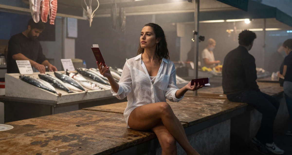 A composed Female From Madrid Spain, studied sensual dance and camera presence in their 35, juggling co-parenting and a dating life, wearing a sheer white blouse with a delicate camisole underneath, holding a passport in a night market stall.