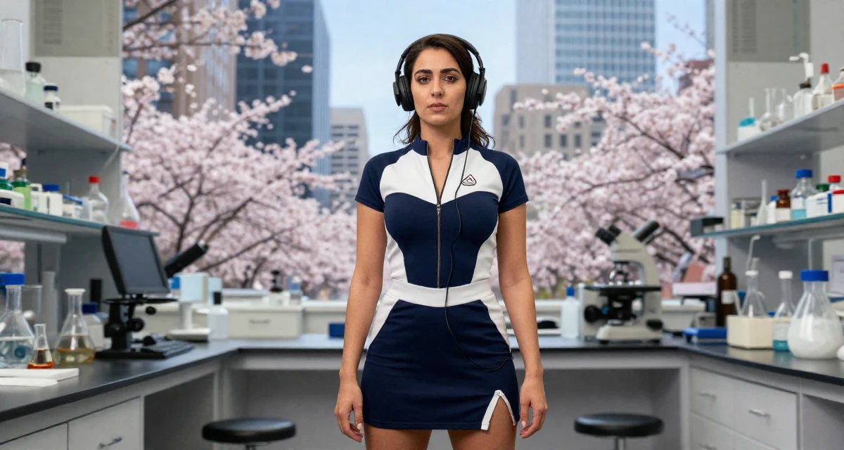 A hypnotic Female From Afghanistan, majored in agricultural science in their 30, accepting that ambition doesn’t erase exhaustion, wearing a race queen outfit with a zipper front and mini skirt, listening to music with headphones in a science lab.