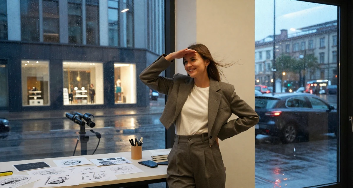 A cheerful Female From Estonia, based in Tartu, graduated from a state university majoring in digital culture in their 22, managing new financial responsibilities, wearing a cropped blazer and high-waisted trousers set, shielding face from the wind in a modern skyscraper lobby.